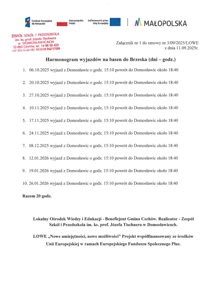 Harmonogram wyjazdów na basen