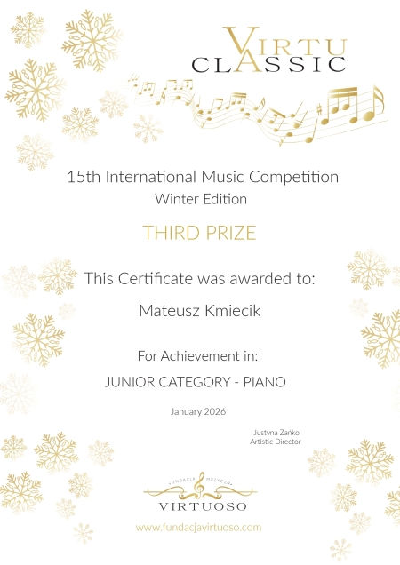 Gratulacje dla Mateusza Kmiecika oraz jego nauczycielki pani Haliny Kukhar