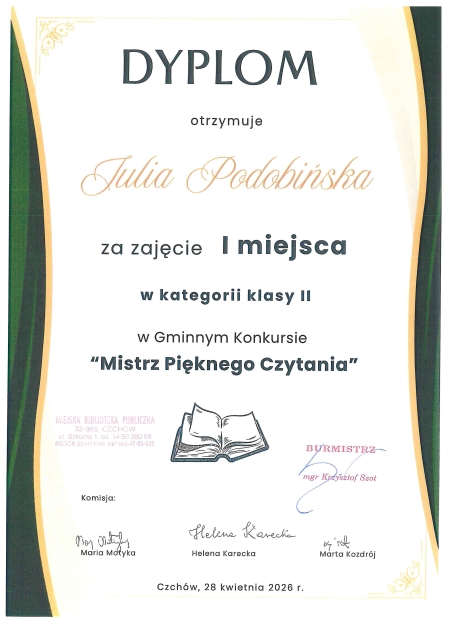 Gminny etap Konkursu Pięknego Czytania klas 1-3